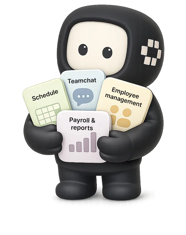 Viggo holding cards for schedules, team chat, employee management, payroll and reports