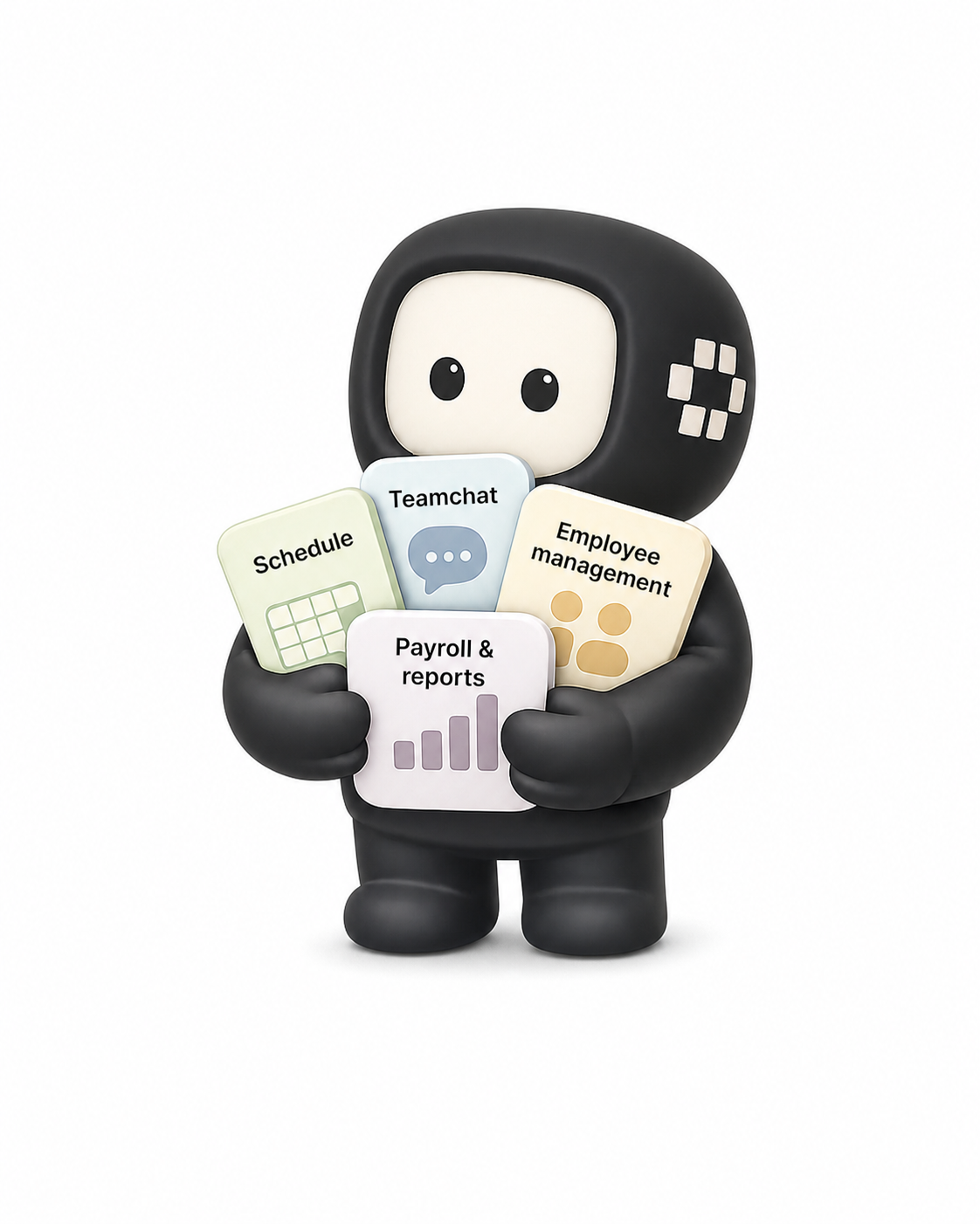 Viggo holding cards for schedules, team chat, employee management, payroll and reports