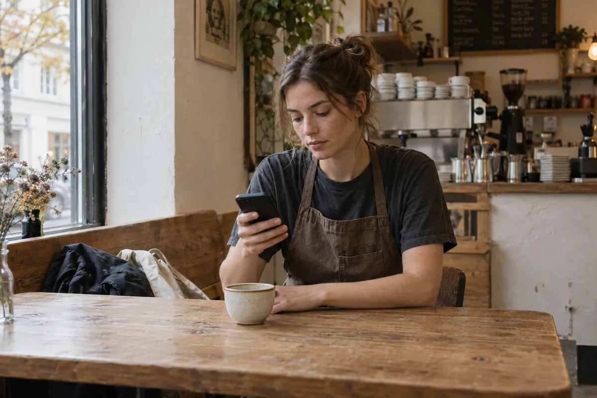 An employee checks her phone at a café table before the working day