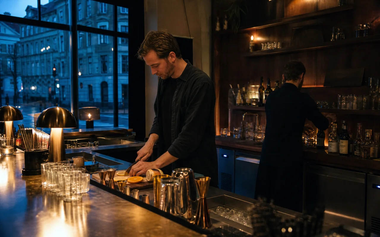 Two bartenders prepare the bar before opening
