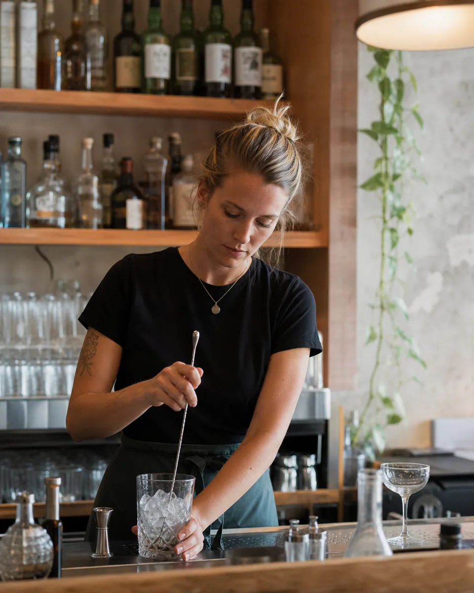 Bartender preparing a drink behind the bar