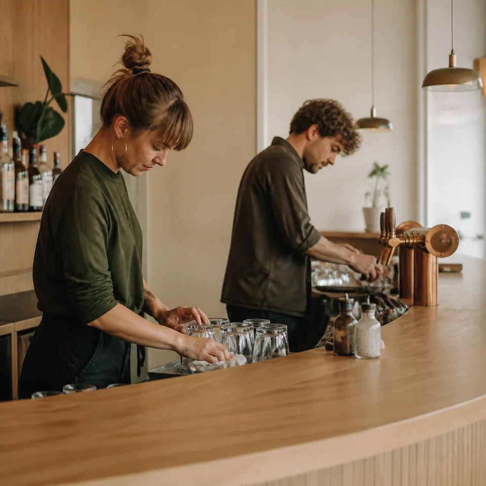 Two bar coworkers preparing for opening