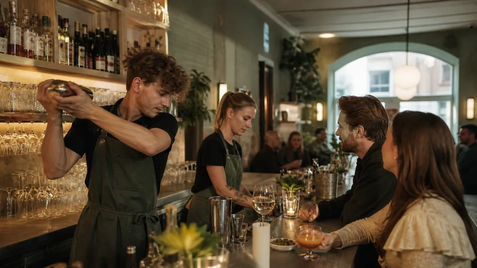Bar staff serving adult guests in the evening