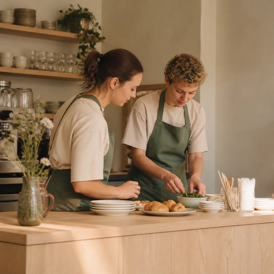 Two café coworkers preparing an order