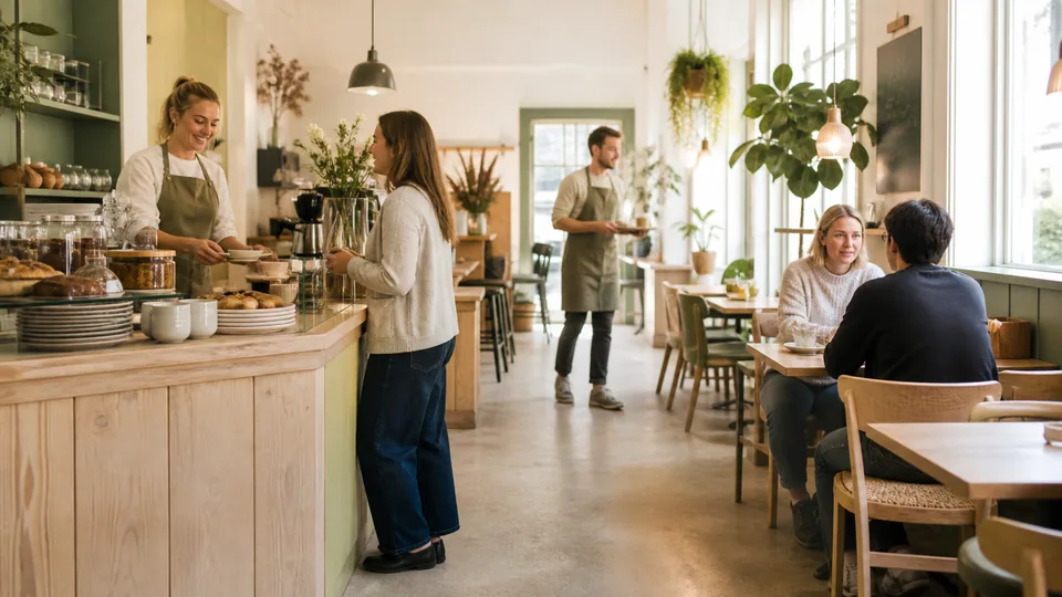 Café staff serving guests in the morning