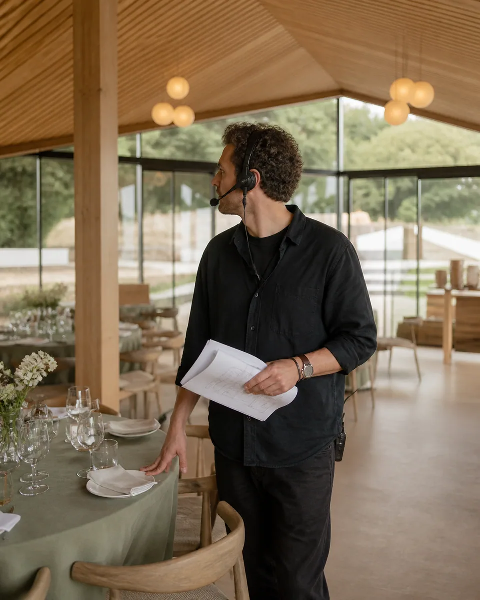 Event crew member checking venue preparations