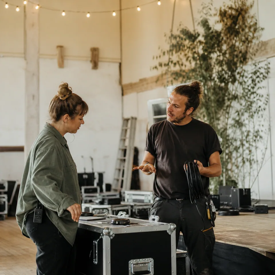 Two crew members coordinating stage setup
