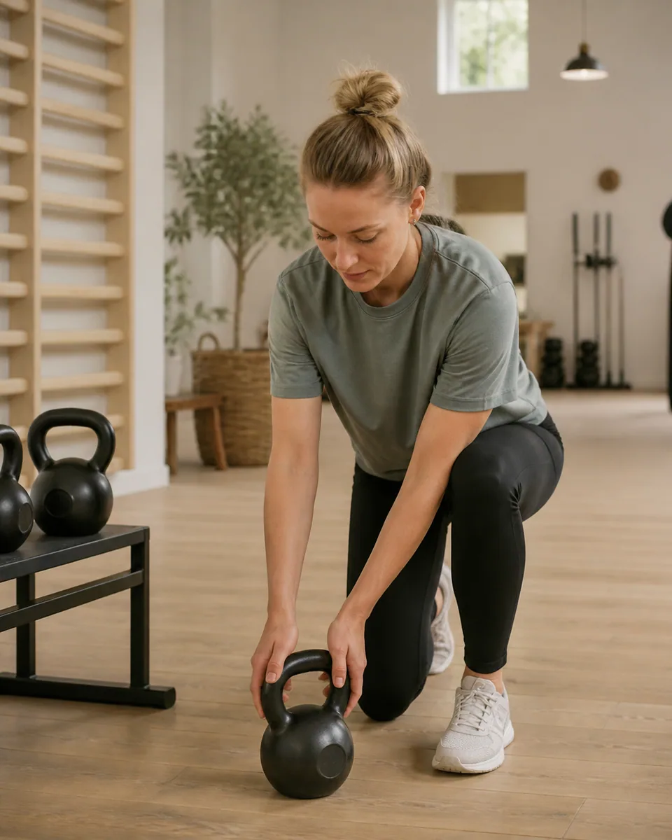 Fitness instructor preparing exercise equipment