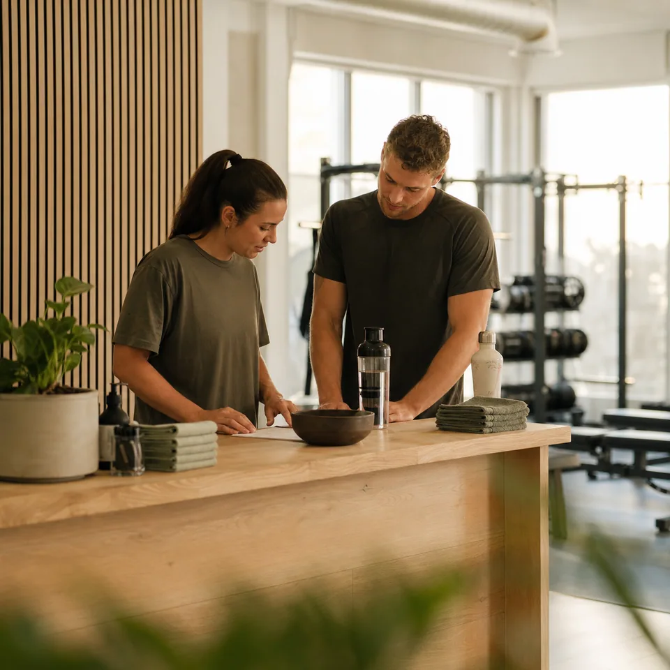 Two fitness centre coworkers coordinating at reception