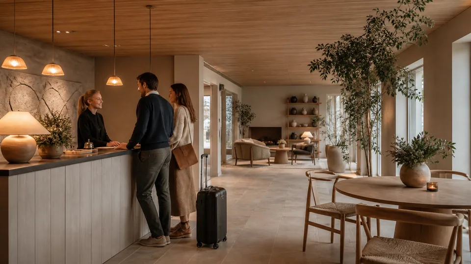 Hotel staff welcoming guests in the lobby