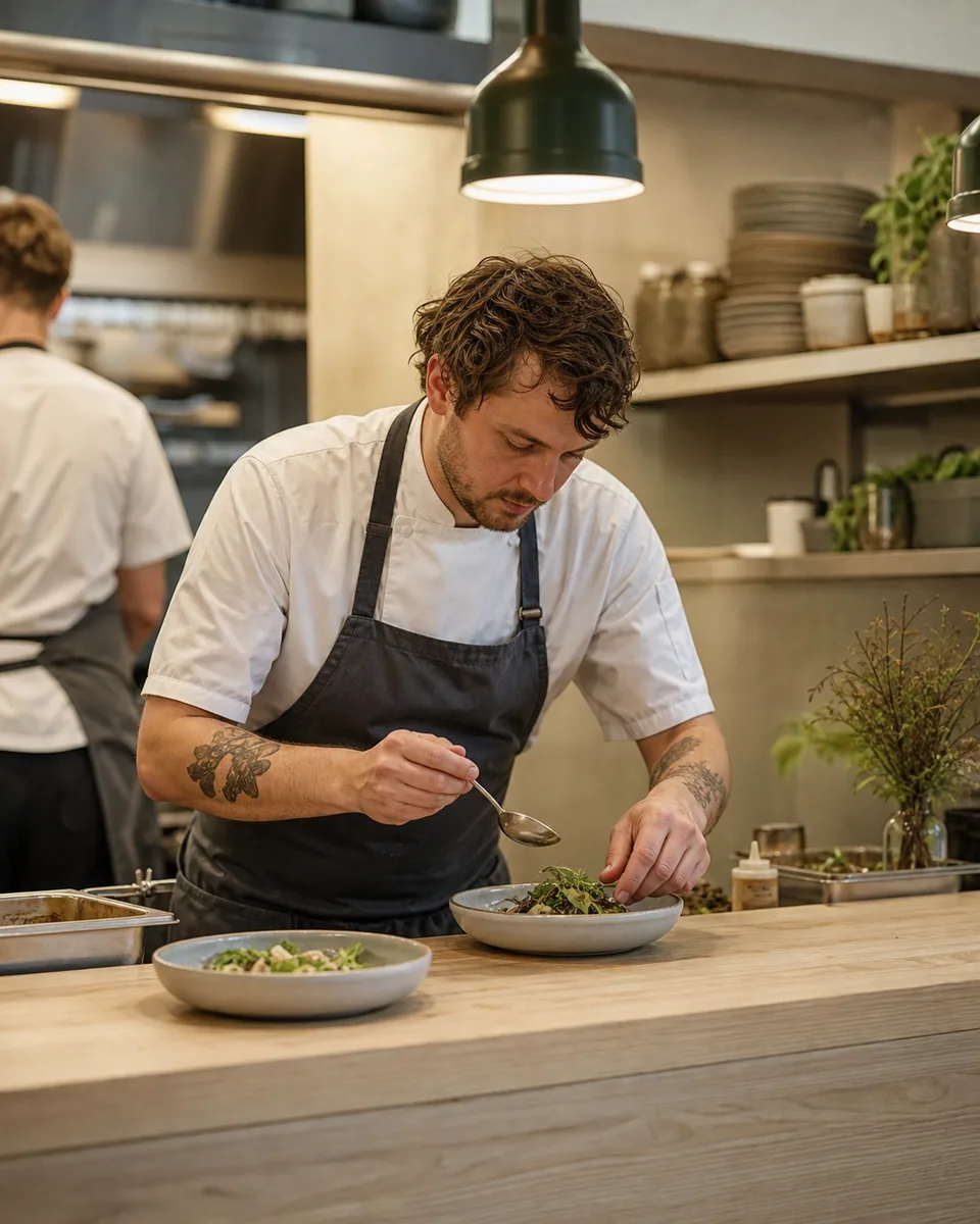 Chef plating food in a restaurant kitchen