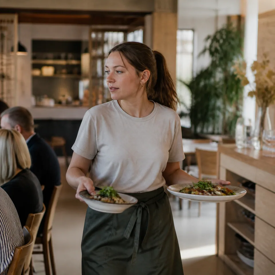 Server carrying dishes through a restaurant