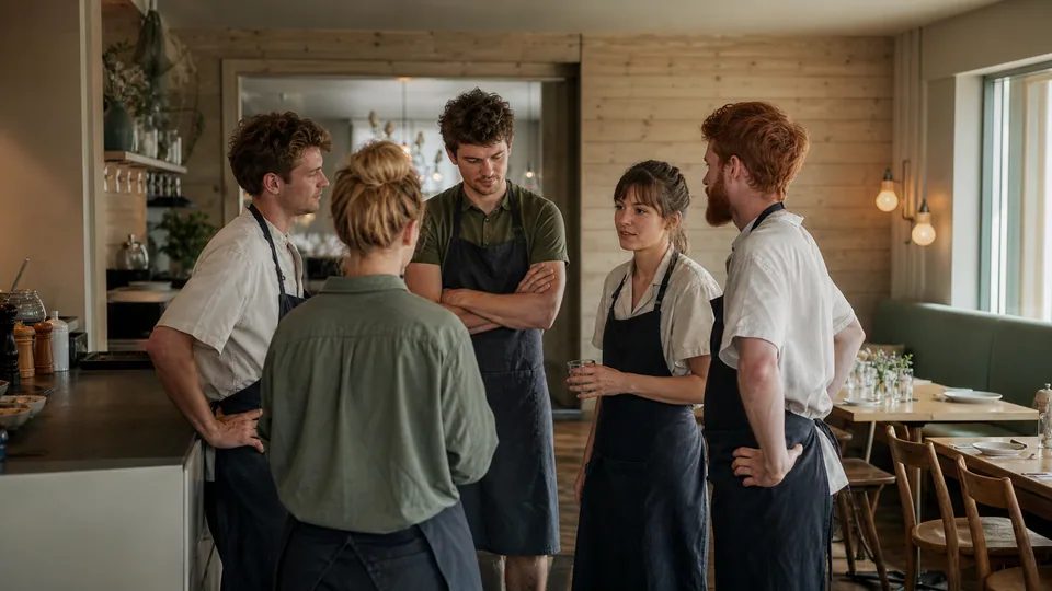 Restaurant kitchen and service team briefing before service