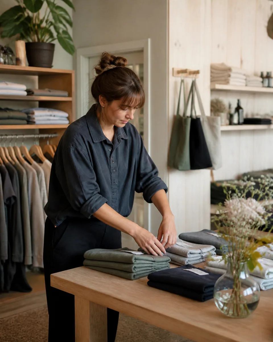 Retail employee arranging merchandise