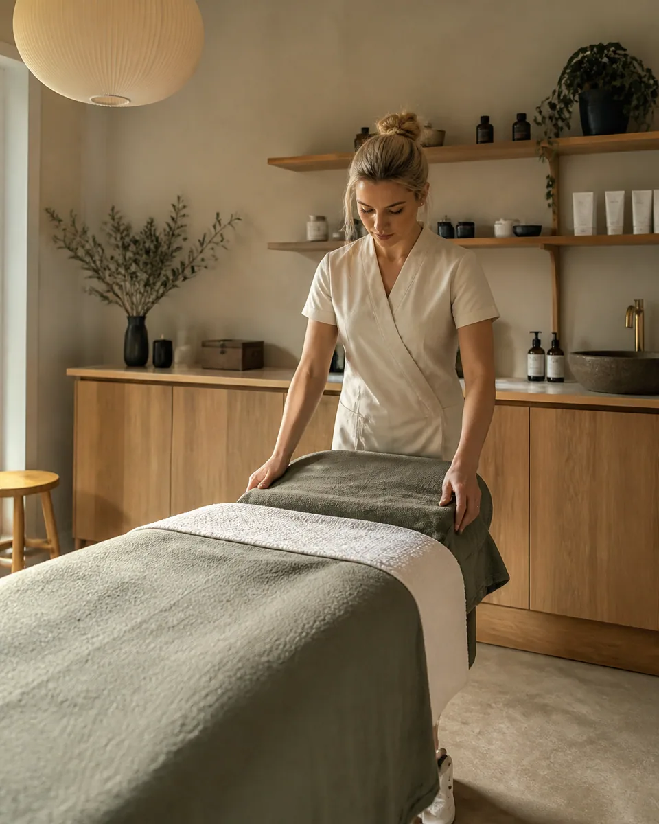 Practitioner preparing a salon workstation