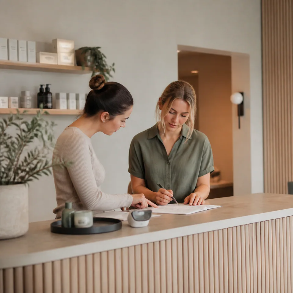 Two coworkers coordinating at reception