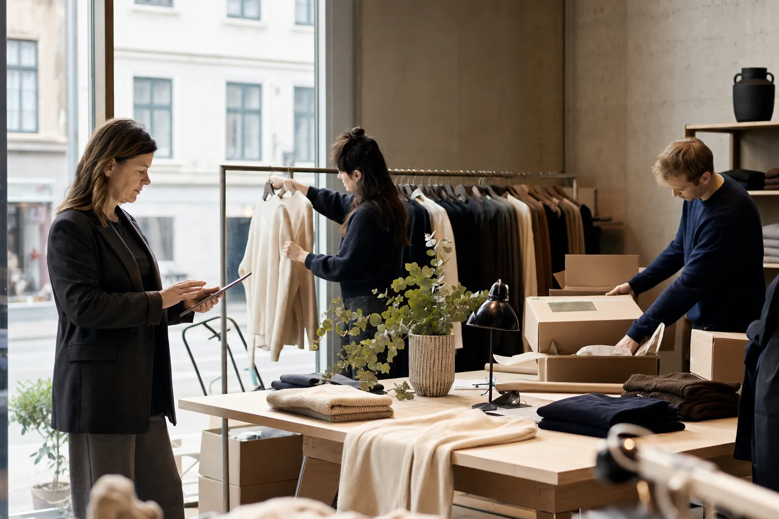 Store manager and employees coordinate product delivery and sales before opening
