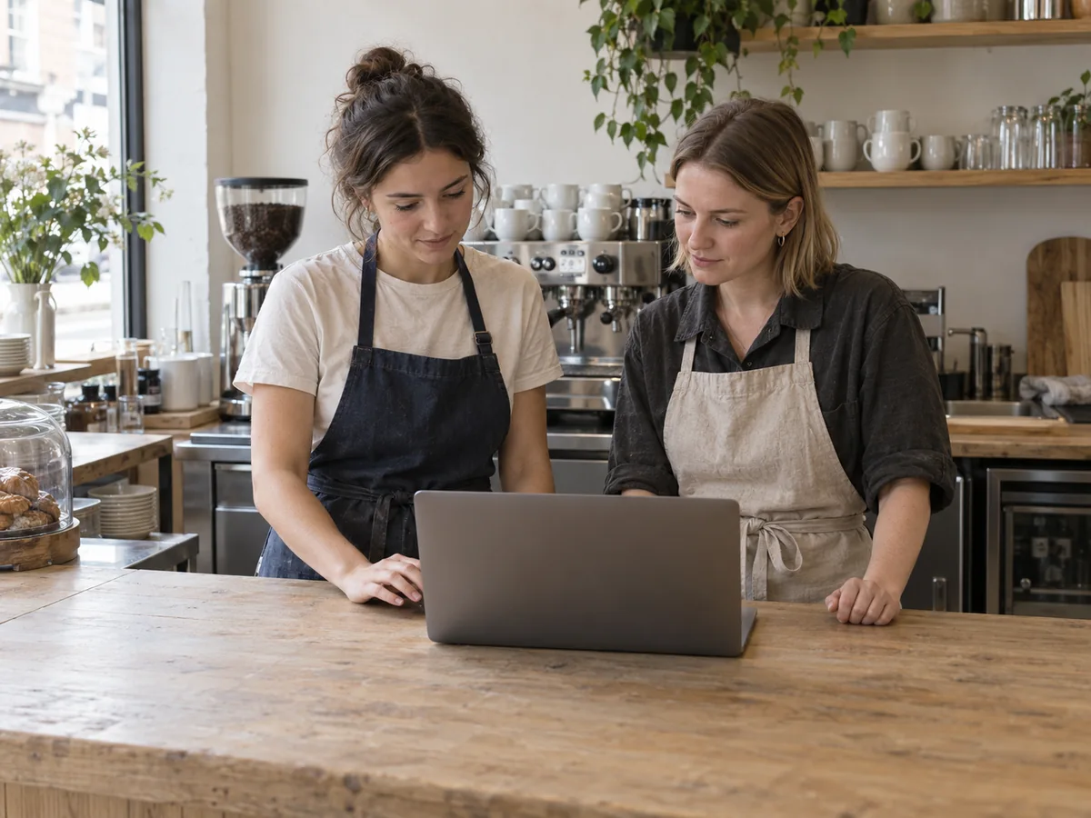 Two young female baristas reviewing a work plan together in the café