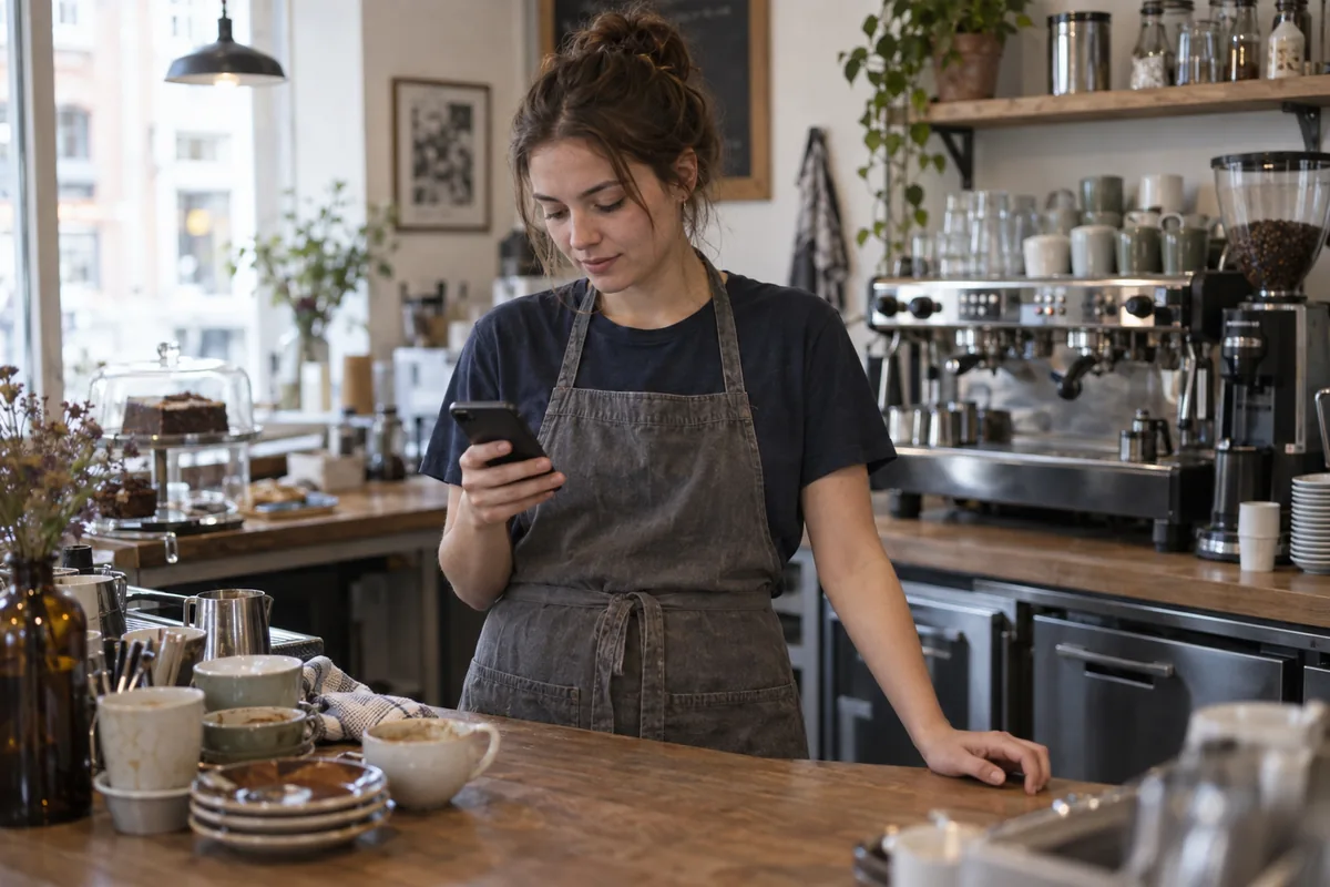 A barista checks her phone at the counter after a shift