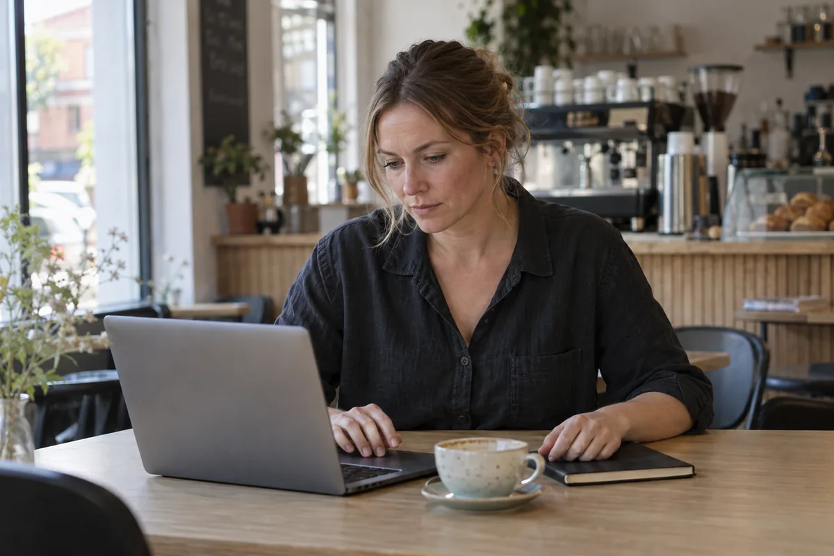 A café manager reviews the payroll period on her laptop in the café
