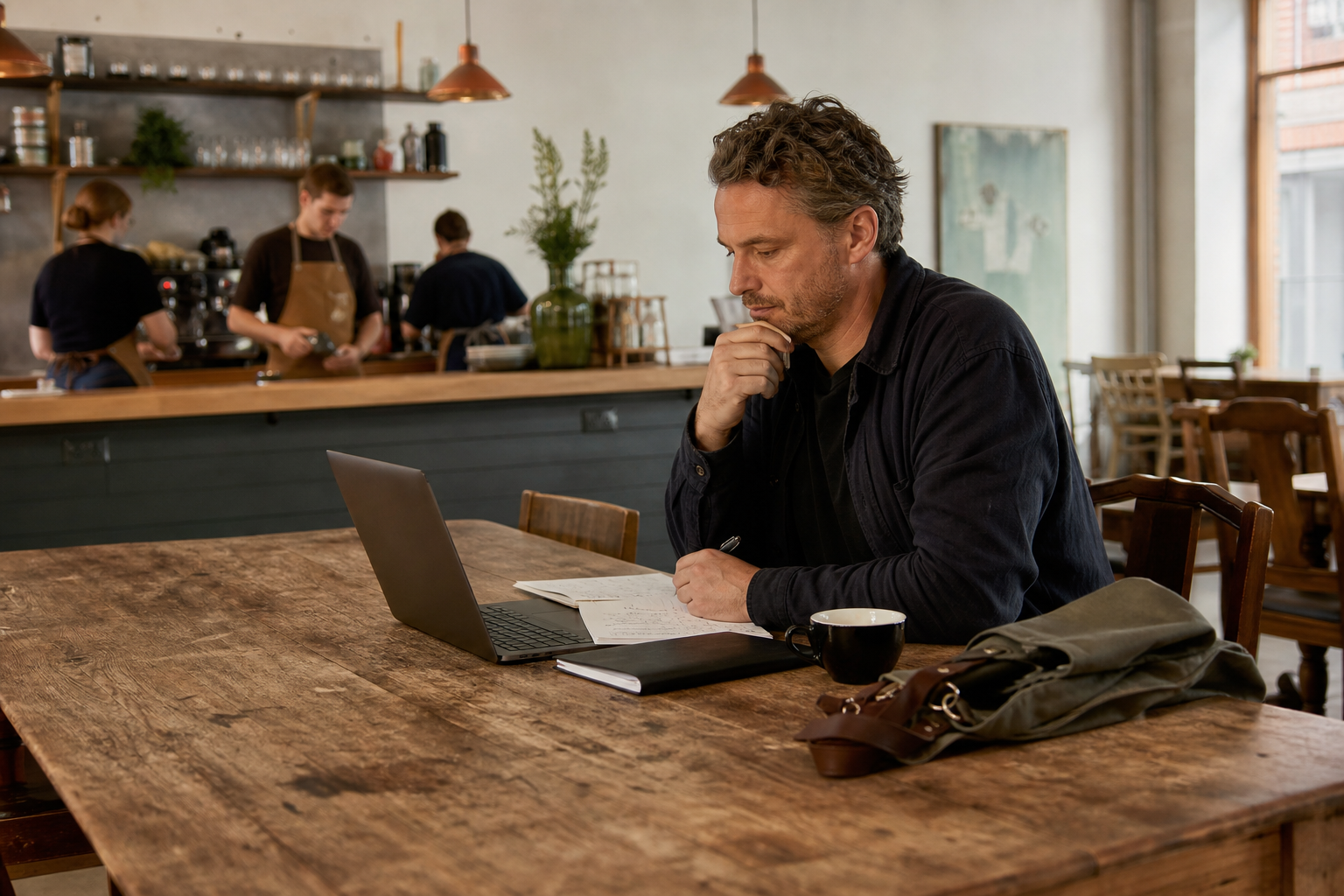 A café manager prepares the weekly work schedule on a laptop before opening