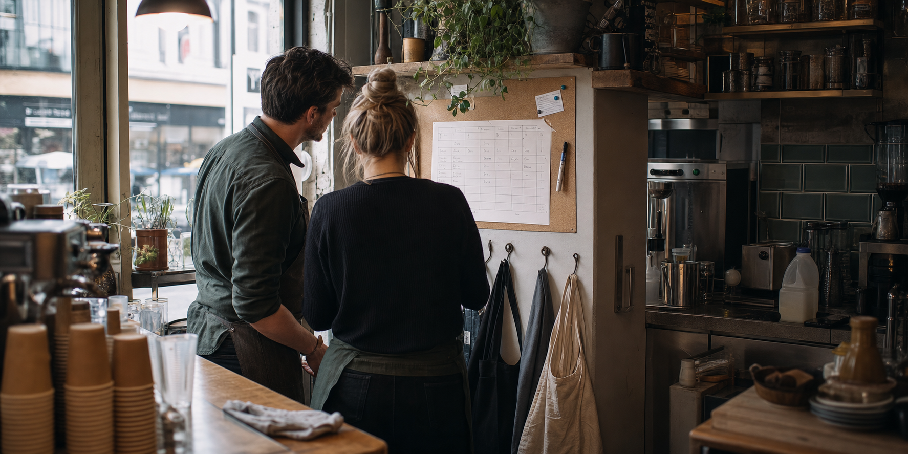 Digital employee schedule with roles and staffing at Café Nord
