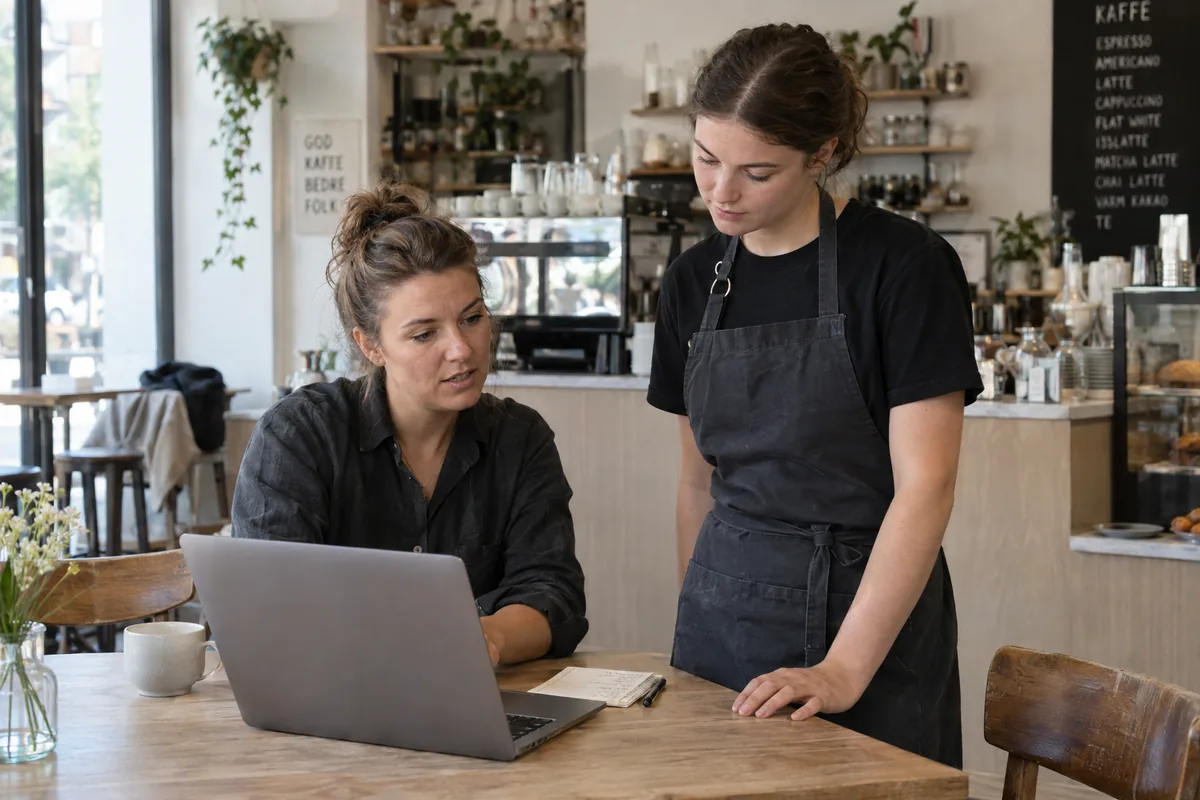 A café manager and a barista review the week's plan on a laptop