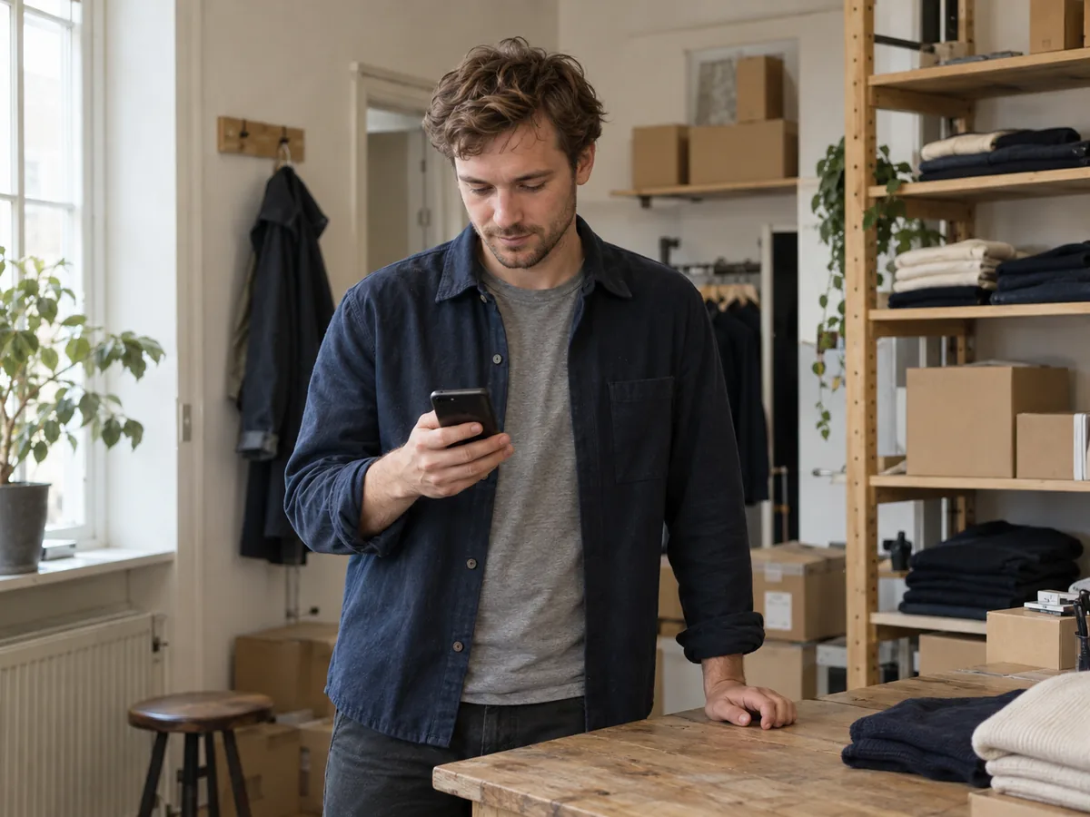 An employee reads on his phone in a clothing shop stockroom