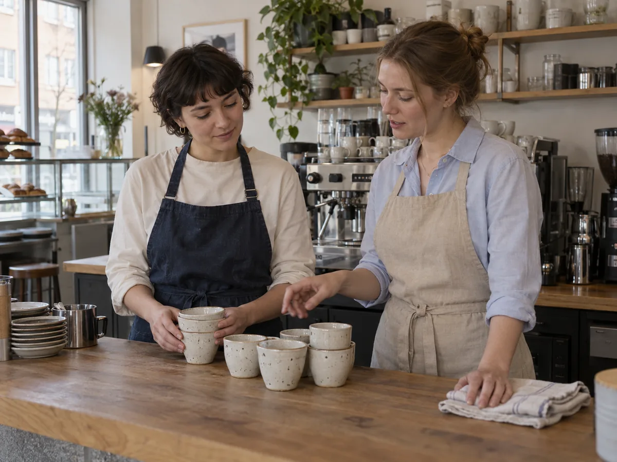 Two colleagues help each other with a practical task in a café