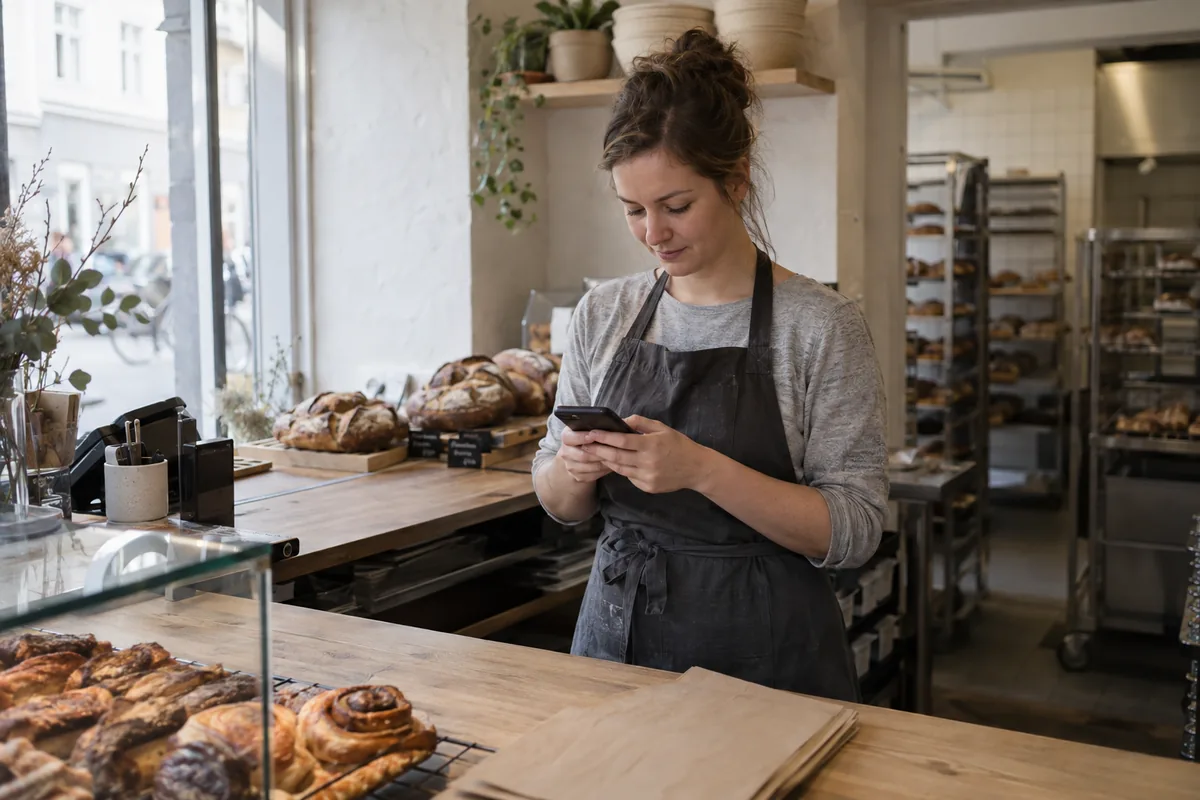 A bakery employee uses her phone at the counter before the working day begins